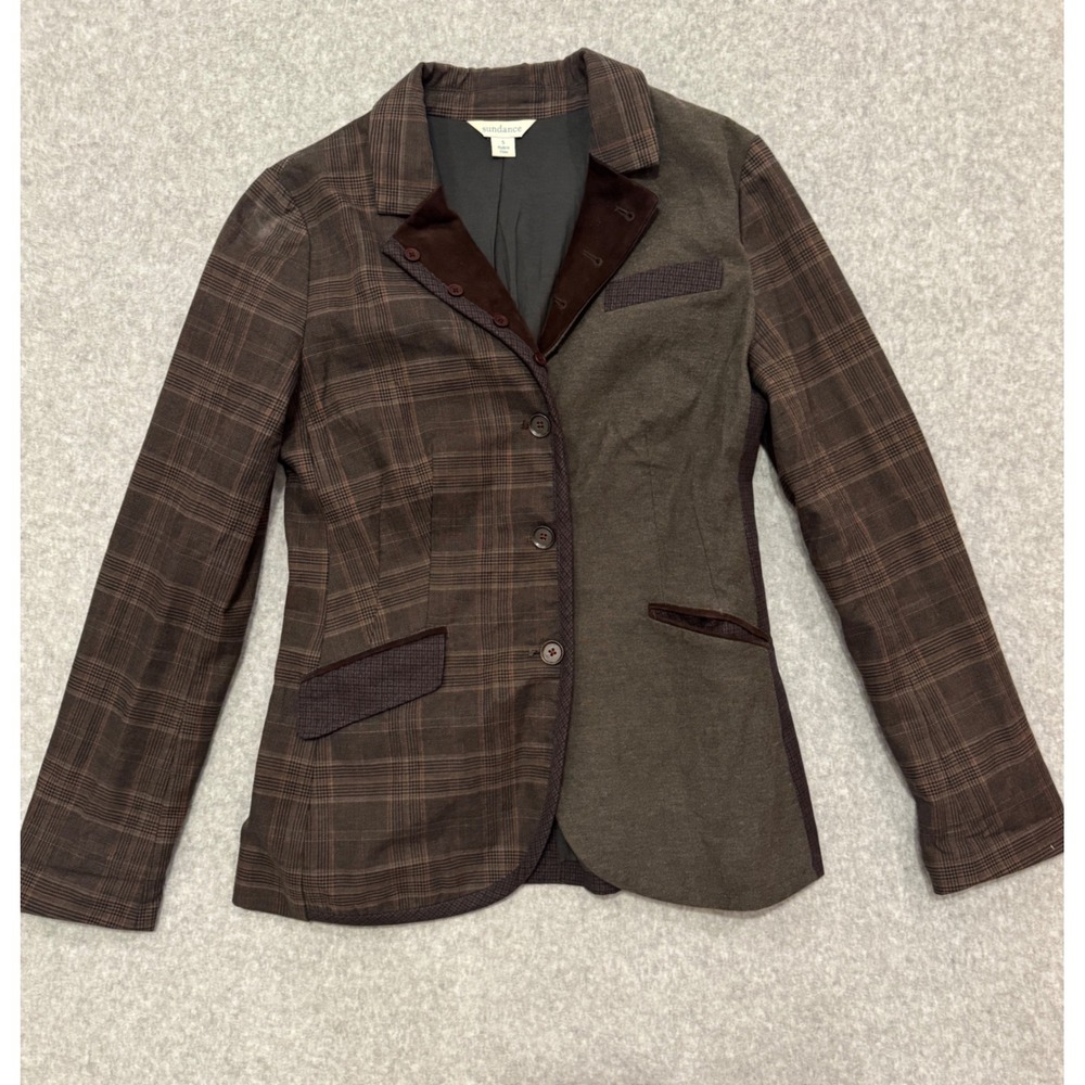 Sundance Mixed Plaid Leather Trim Blazer Jacket Brown Small Academia Boho Chic